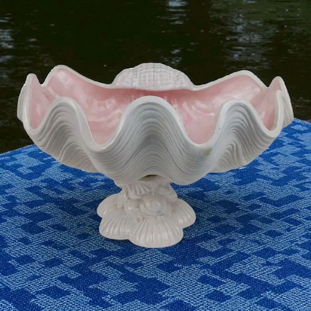 Vtg Large Deco Regency MCM Pink Ceramic Oyster Shell Clamshell Bowl Planter
